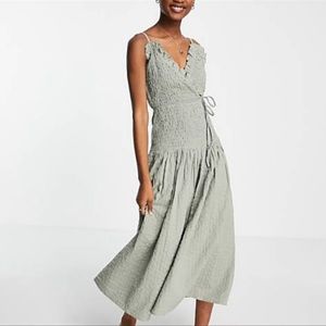 ASOS Cami Wrap Women Summer Party Dress New US 6-8 Khaki Green Spaghetti Strap